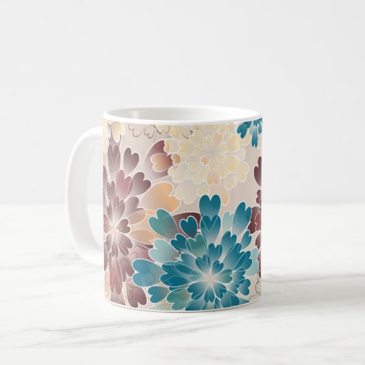 Türkis Brown u. Creme-Blumen Retro Kaffeetasse (Vorderseite Links)