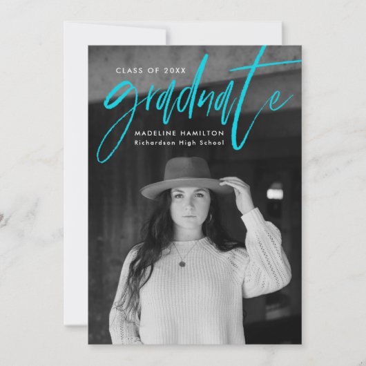 Türkis Brush Script 4 Foto Abschluss Ankündigung (Vorderseite)