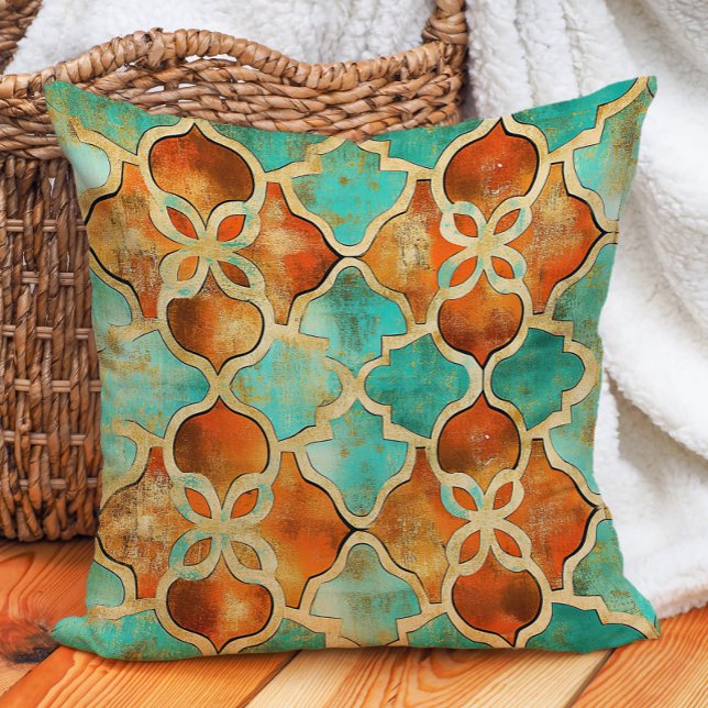 Türkis Burnt Orange marokkanischer Tile Boho Kissen (Turquoise Burnt Orange Moroccan Tile Boho Throw Pillow)