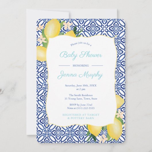 Türkis Classic Blue Tiles Lemons Baby Dusche Einladung (Vorderseite)