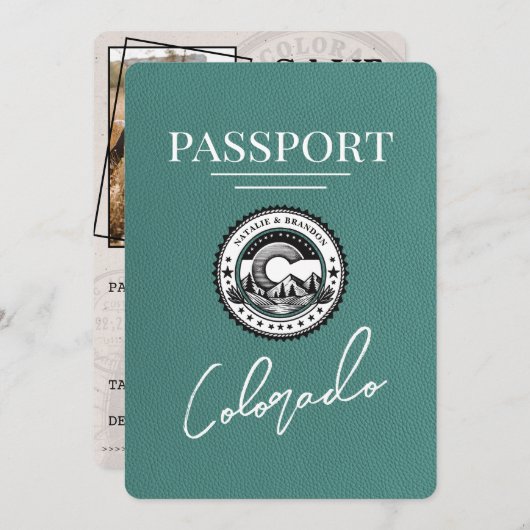 Türkis Colorado Passport Save the Date (Vorne/Hinten)
