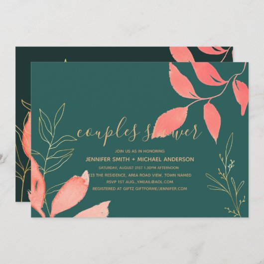 Türkis Coral Gold COUPLES SHOWER handschriftlich Einladung (Vorne/Hinten)