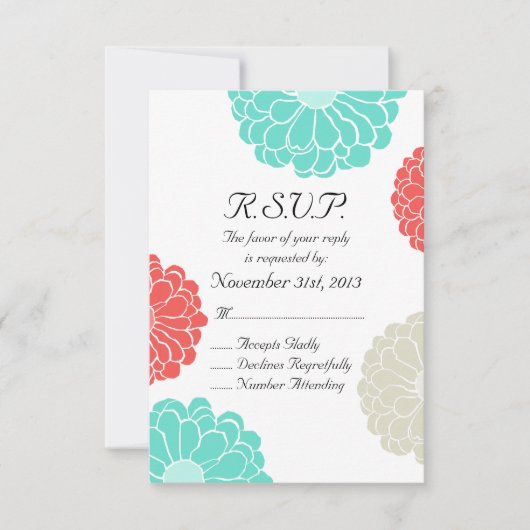 Türkis Coral Zinnia Blume Wedding RSVP (Vorderseite)