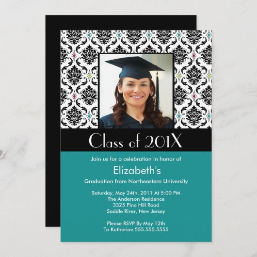 Türkis Damask Abschluss Einladung Foto (Vorne/Hinten)