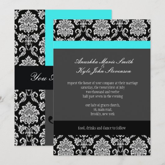 Türkis Damask Monogram Weditation Einladung (Vorne/Hinten)