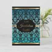Türkis Damask Party Celebration | DIY Text Einladung (Stehend Vorderseite)
