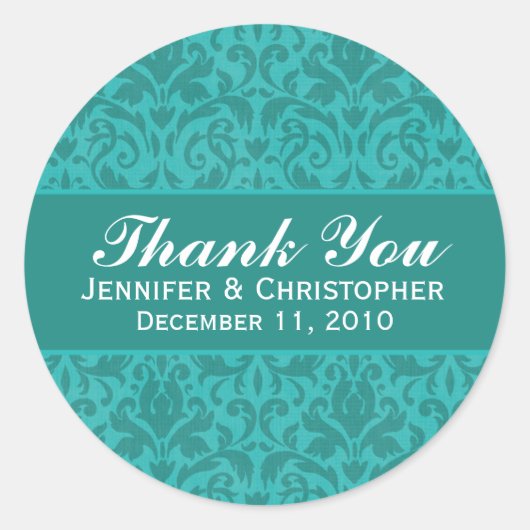 Türkis Damask Round Wedelmarken Runder Aufkleber (Vorderseite)