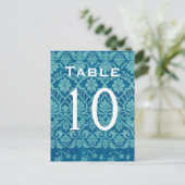 Türkis Damask Wedding Tischnummer Card Empfang (Stehend Vorderseite)