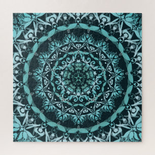 Türkis Dark Green Damask Mandala Puzzle