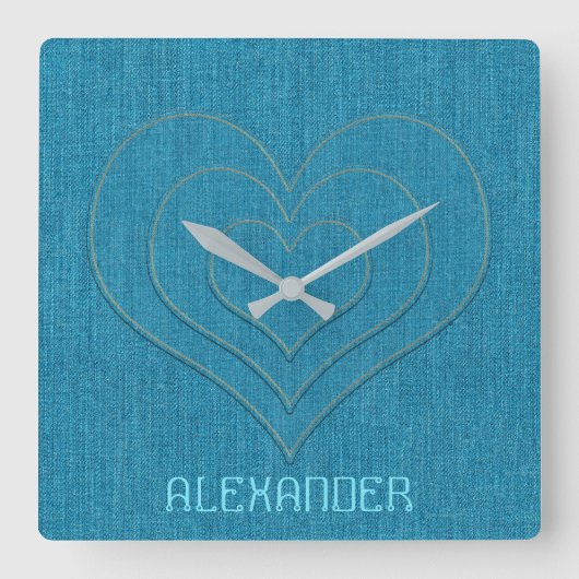 Türkis Denim Jeans 3 Herz, Personalisierter Name Quadratische Wanduhr (Vorderseite)
