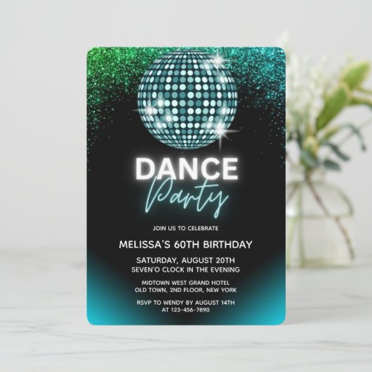Türkis Diskothek Ball Glitzer Dance Party Geburtst Einladung (Stehend Vorderseite)