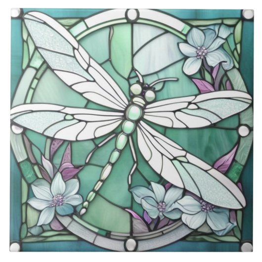 Türkis Dragonfly Art Nouveau Deko gestettetes Glas Fliese (Vorderseite)