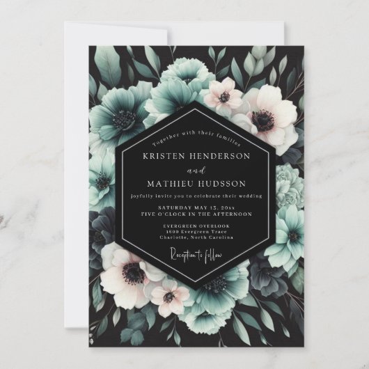 Türkis dramatische Anemonen-Hochzeit Einladung (Vorderseite)