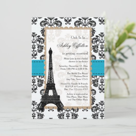Türkis-Eiffelturm Pariser Brautparty Einladung (Stehend Vorderseite)