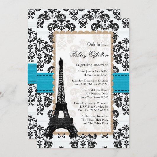 Türkis-Eiffelturm Pariser Brautparty Einladung (Vorne/Hinten)