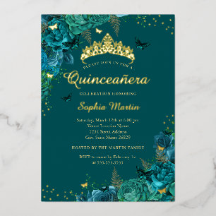 Türkis elegante florale Schmetterlings-Quinceanera Folieneinladung