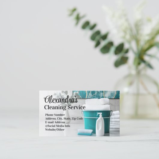 Türkis Eleganter Reinigungsservice Visitenkarte (Stehend Vorderseite)