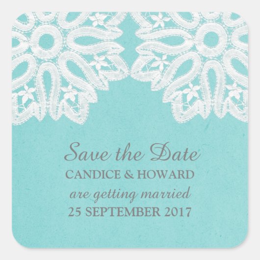 Türkis Elegantes Spitzen Save the Date Stickers (Vorderseite)
