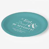 Türkis essen Drink sein siebzig Retro 70. Geburtst Pappteller (Schrägansicht)