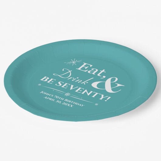 Türkis essen Drink sein siebzig Retro 70. Geburtst Pappteller (Schrägansicht)