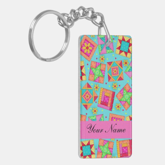 Türkis & farbenfrohe Quilt Blocks & Personalisiert Schlüsselanhänger (Vorderseite links)