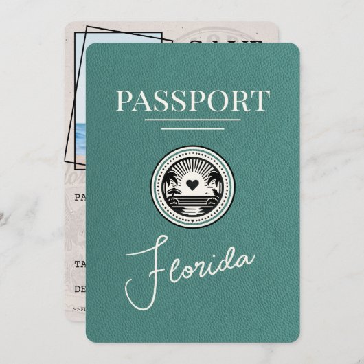 Türkis Florida Passport Save the Date (Vorne/Hinten)