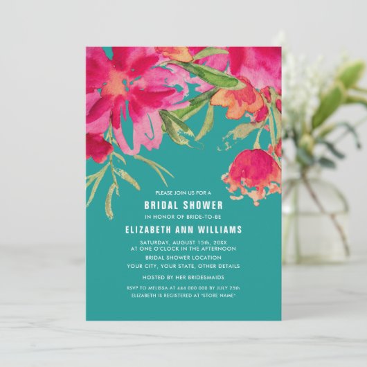 Türkis | Fuchsia Wasserfarbenes Brautparty Einladung (Stehend Vorderseite)