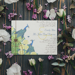 Türkis & Gelbe Vintage Pfauen Vogelkäfig Hochzeit Einladung