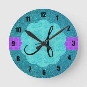 Türkis-Glittermonogramm Runde Wanduhr