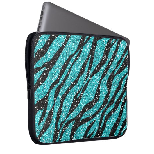 Türkis Glitzer Zebra Print Laptopschutzhülle (Vorne Rechts)