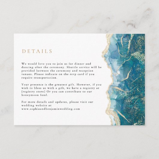 Türkis Gold Agate Moderne Hochzeit Begleitkarte (Vorderseite)