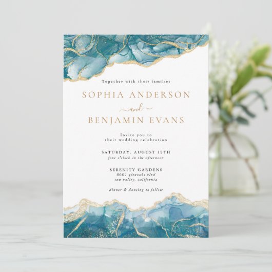Türkis Gold Agate Moderne Hochzeit Einladung (Stehend Vorderseite)