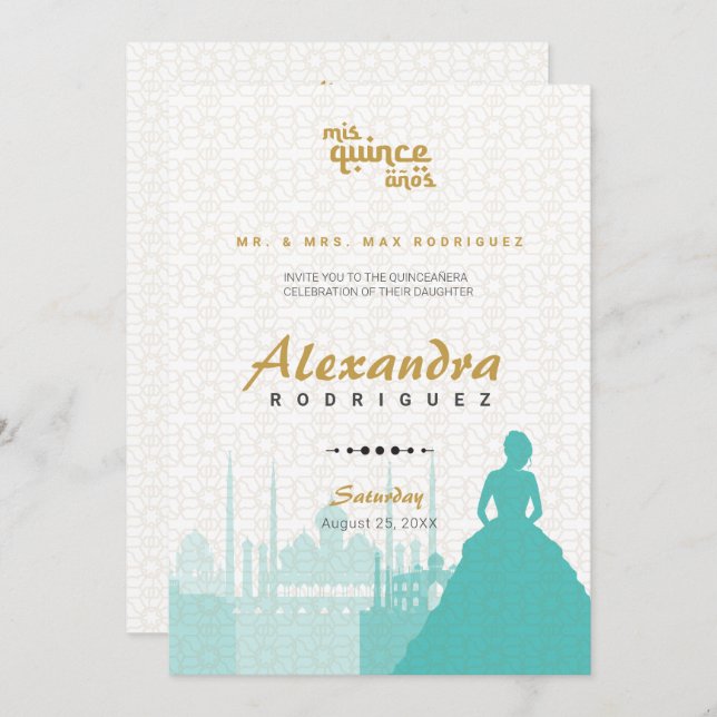 Türkis & Gold Arabian Quinceñera Foto (Vorne/Hinten)