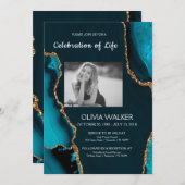 Türkis & Gold Beerdigung feiern Leben Einladung (Vorne/Hinten)