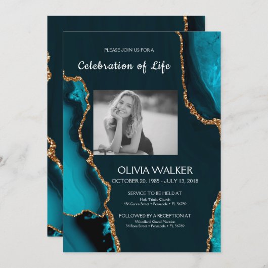 Türkis & Gold Beerdigung feiern Leben Einladung (Vorne/Hinten)