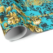 Türkis Gold Black Acanthus Leaf Floral Elegant Geschenkpapier (Rolleneckpunkt)