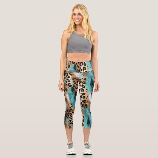 Türkis Gold Black Leopard Capri Leggings (Vorderseite)