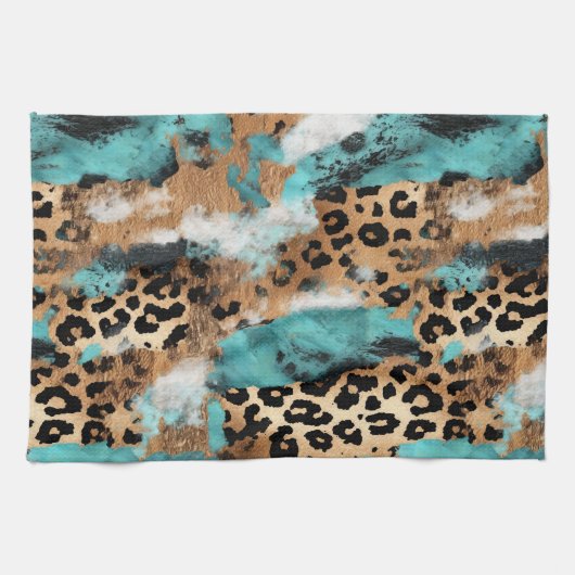 Türkis Gold Black Leopard Geschirrtuch (Horizontal)