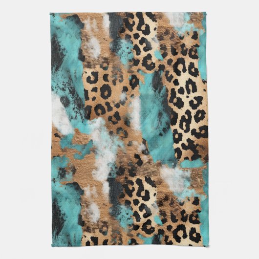 Türkis Gold Black Leopard Geschirrtuch (Vertikal)
