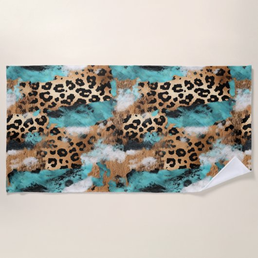 Türkis Gold Black Leopard Strandtuch (Vorderseite)