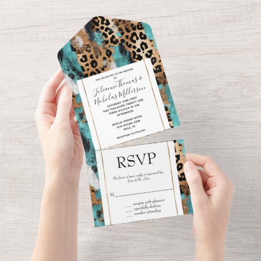 Türkis Gold Black Leopard Wedding All In One Einladung (Abreißen)