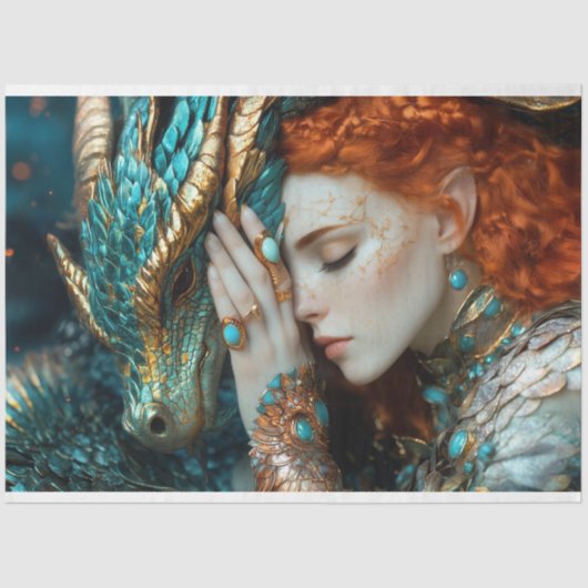 Türkis & Gold Elf Dragon Fantasy Decoupage Seidenpapier (Vorderseite)