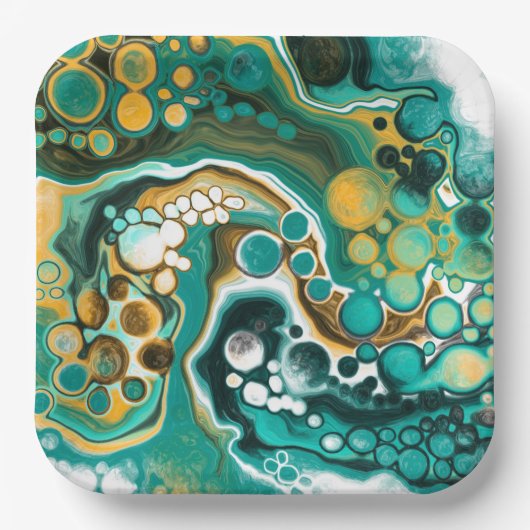 Türkis, Gold, Marmor Fluid Art Pappteller (Vorderseite)