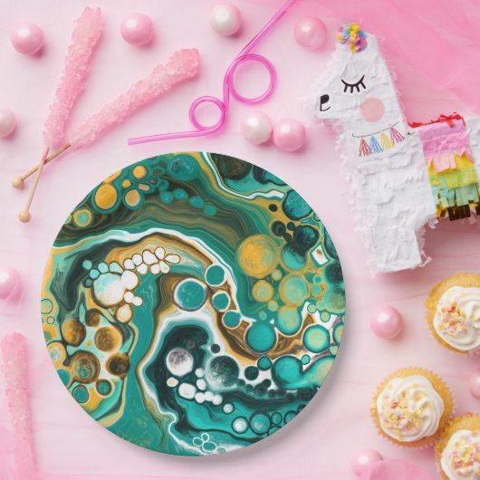 Türkis, Gold, Marmor Fluid Art Pappteller (Party)