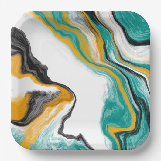 Türkis, Gold, Marmor Fluid Art Pappteller (Vorderseite)