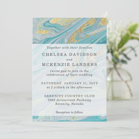 Türkis & Gold Marmor Swirl Agate Geode Wedding Einladung (Stehend Vorderseite)