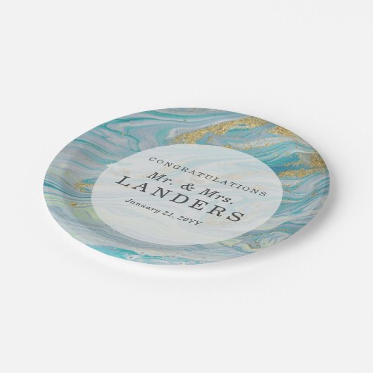 Türkis & Gold Marmor Swirl Agate Geode Wedding Pappteller (Schrägansicht)