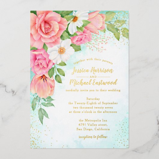 Türkis Gold Pink Rose Bouquet Blumenzehen Folieneinladung (Vorderseite)