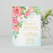 Türkis Gold Pink Rose Bouquet Blumenzehen Folieneinladung (Stehend vorne)
