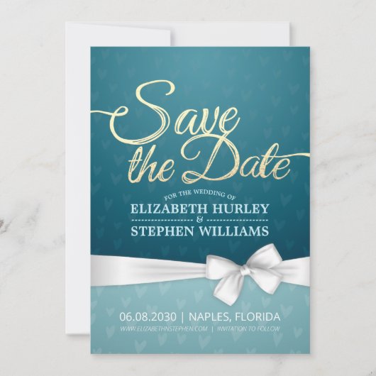 Türkis Gold & White Ribbon Script Save the Date (Vorderseite)